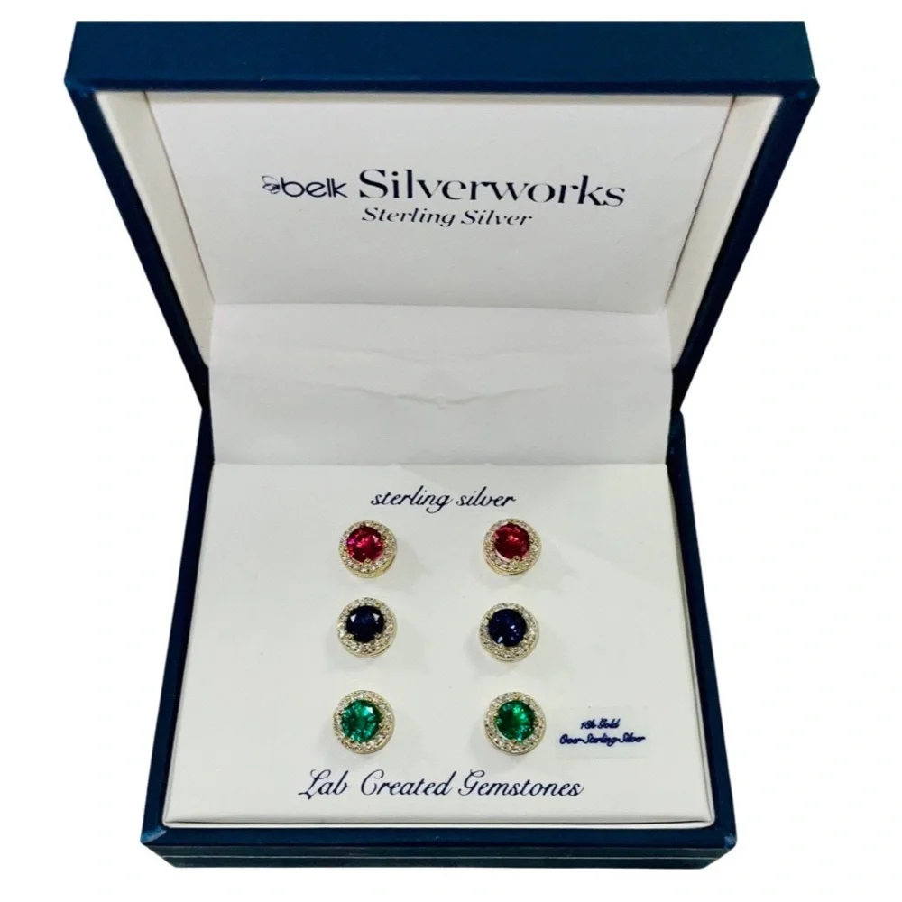 Belk Silverworks Gemstone Halo Stud Earrings | 18K Gold Over Silver - Picture 2 of 6